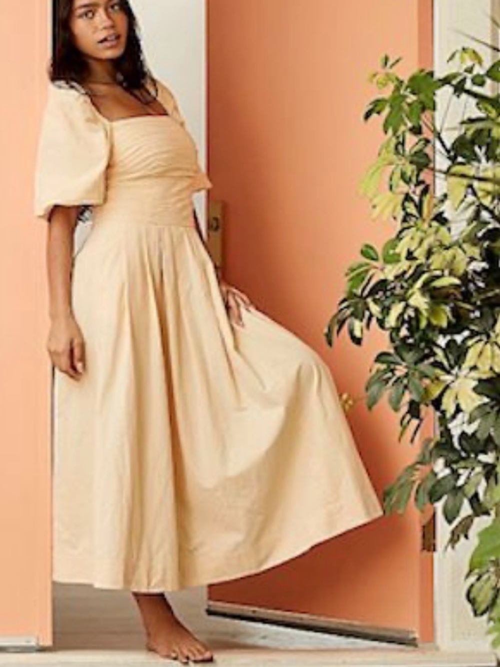 Free People Cream Square-Neck Midi Dress with Puff Sleeves